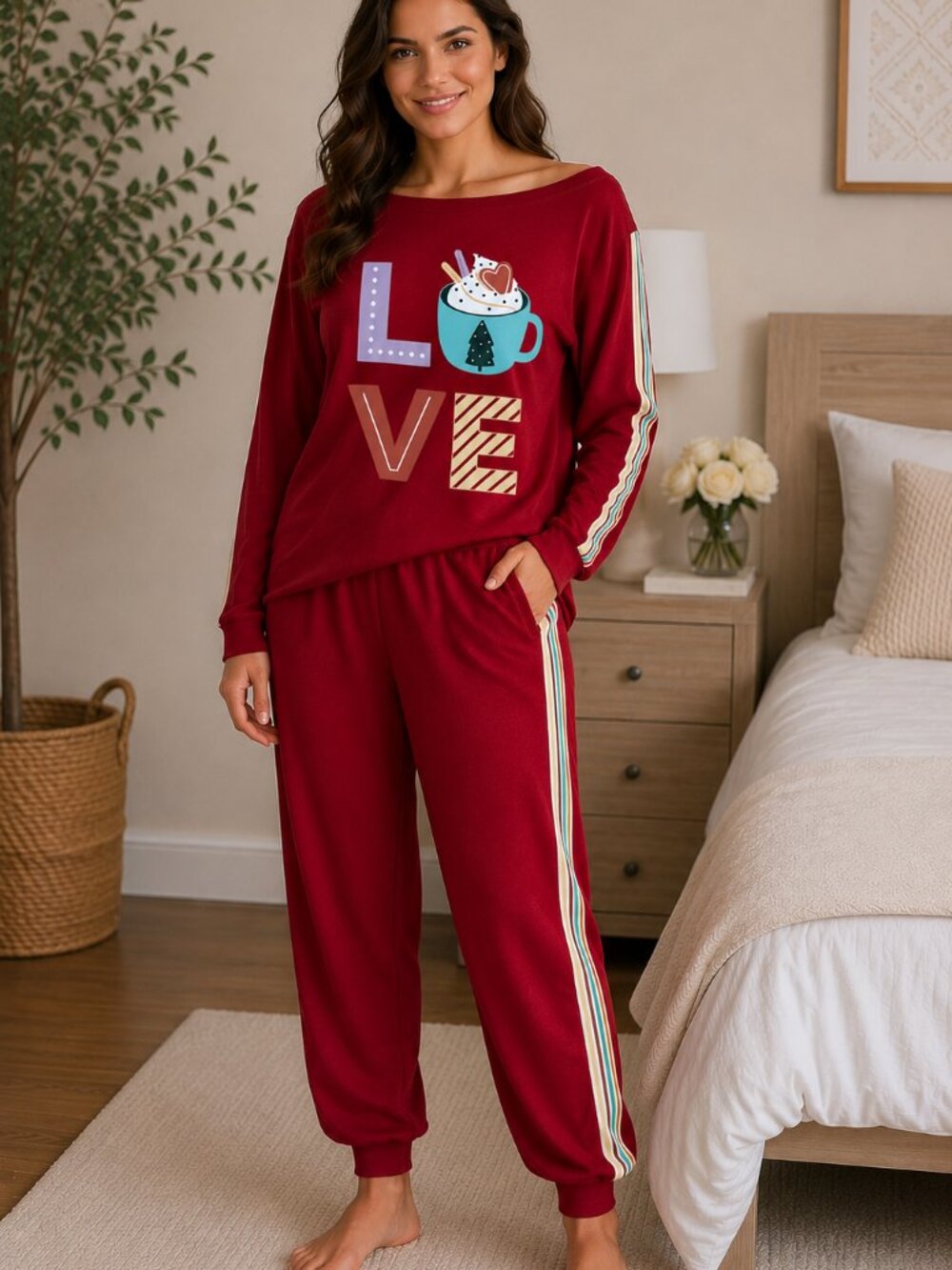 Joyspun Red LOVE Hot Cocoa Fleece Lounge Set XL 16-18